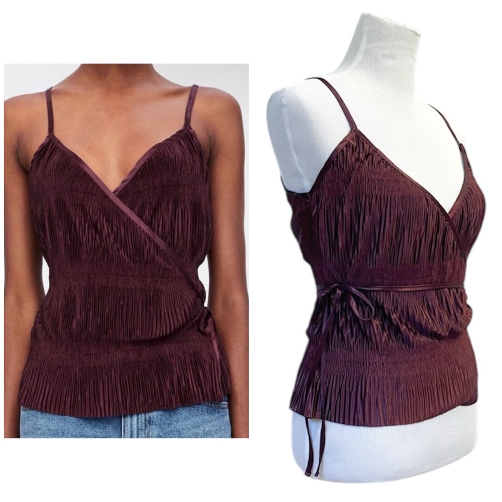 Zara - Metallic Satin Effect Plisse Crossover Wrap Sleeveless Blouse | Merlot, S